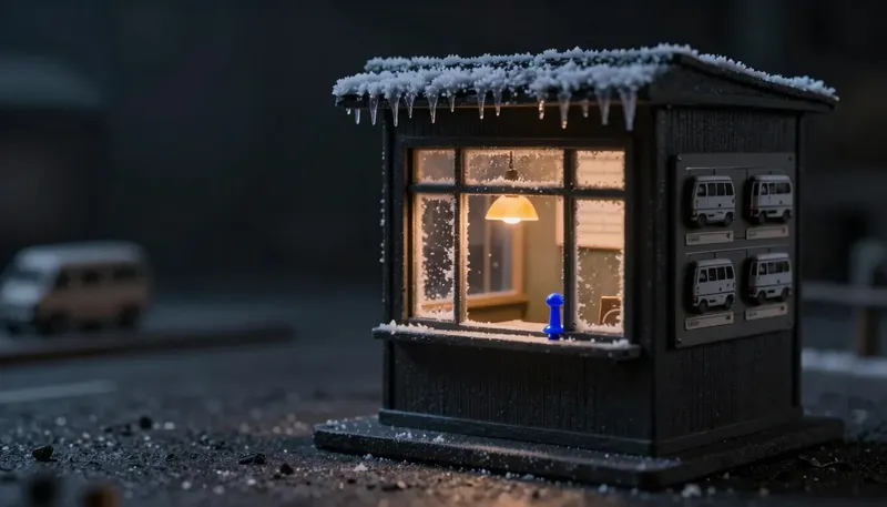 Miniature night diorama of a dispatch office in a cold snap: frost on the window, icicles on the eaves, an amber desk lamp over an empty desk, a board of tiny service vans all pegged out, one cobalt peg alone in the tray.