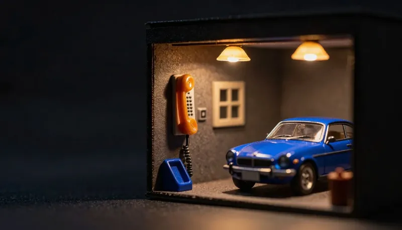 Miniature night diorama: a detail-garage diorama: a car mid-polish under work lamps, a phone on the wall with its amber handset ringing off the hook, a cobalt cradle empty beside it