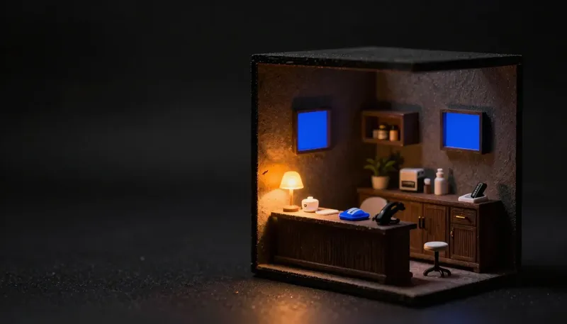 Miniature night diorama: a med-spa diorama after close: treatment rooms glowing softly, the front desk dark with an amber phone lamp blinking, a cobalt cradle unplugged