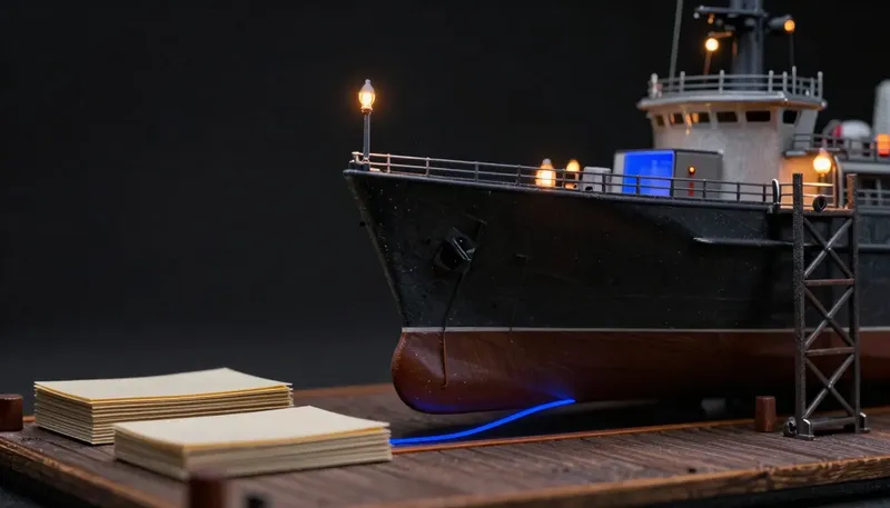 Miniature night diorama: a shipyard diorama: a dry-docked hull alive with amber work lights while the yard office drowns in paper stacks, one cobalt line tracing from hull to office