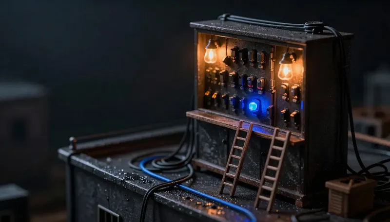 Miniature night diorama: a roofing-office diorama in storm light: a switchboard drowning in amber call lamps, ladders stacked outside, one cobalt rail beginning to order the flood