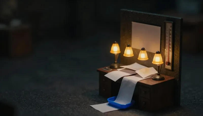 Miniature night diorama: a tiny CSR desk buried in blank call slips, three amber phone lamps, a wall thermometer at its peak, and one cobalt overflow tray.