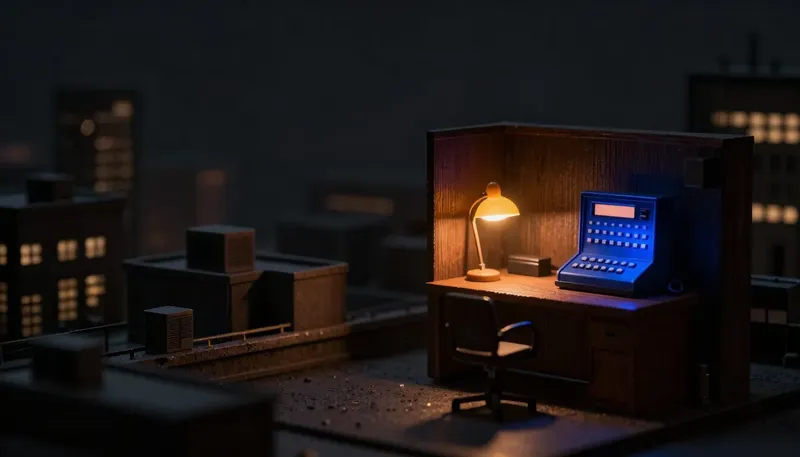 Miniature night diorama: a dark office diorama at 2am: an amber phone lamp blinking alone at an empty dispatch desk, rooftop units on the skyline, one cobalt switchboard dark and waiting