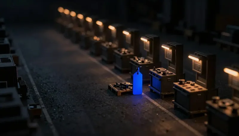 Miniature night diorama: a long dark plant aisle of staged pallets with one trolley carrying a cobalt tag.