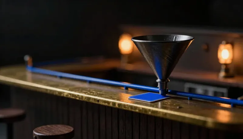 Miniature night diorama: a chambers diorama: an intake funnel over brass scales with visible drip-gaps where blank cards slip and fall, one cobalt catch rail beneath