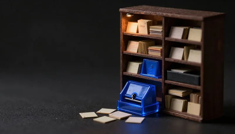 A miniature archive with an overflowing unsorted memory shelf beside a second shelf fitted with a sorting rack and retention stamp, the sorting rack in glowing blue acrylic, showing memory needing a policy, not just more room.