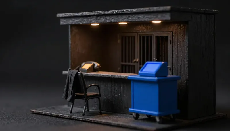 Miniature night diorama: a vet-clinic diorama: a reception chair with a coat over its back, phone handsets ringing amber, kennels calm behind, one cobalt switchboard being wheeled in