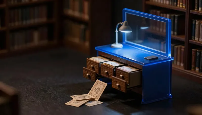A miniature library with a conveyor of index drawers jammed with torn duplicate cards before reaching the reading desk, the desk in glowing blue acrylic, showing a knowledge base too messy for retrieval to work.