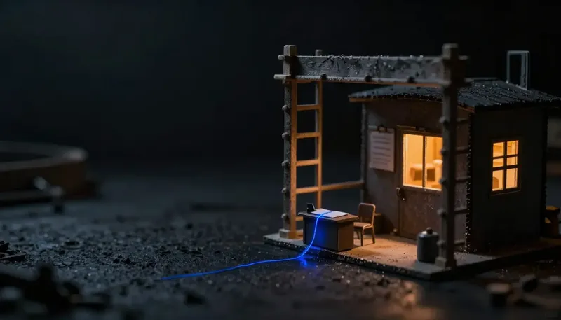 Miniature night diorama: a night site with scaffold and hut, a distant ledger desk, one cobalt thread joining them.