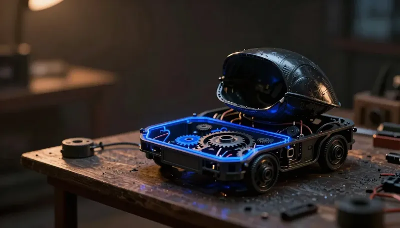 A miniature model with a shiny painted shell sitting over an open chassis missing its internal gearwork, the empty cavity outlined in glowing blue acrylic, showing a working demo as the shell, not the finished machine.
