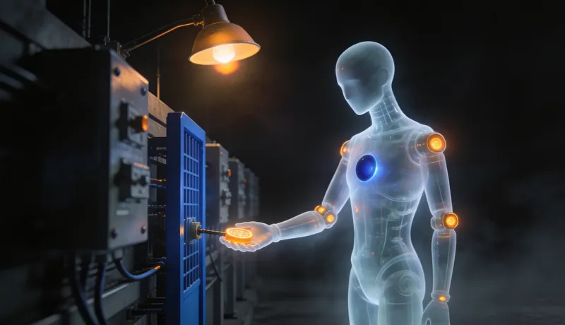 A faceless glass automaton passes a glowing task between relay stations on a cobalt routing gate, rerouting around a flickering station.