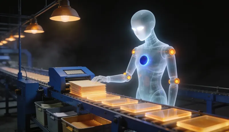 A faceless glass automaton feeds forms into a cobalt conveyor that stamps and sorts them into bins.
