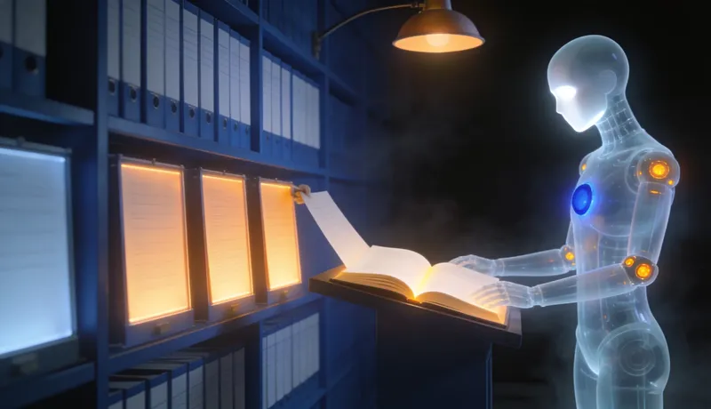 A faceless glass automaton pulls glowing documents from a cobalt archive wall and merges them into one answer.