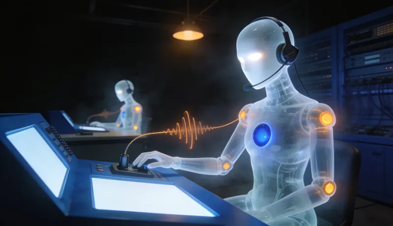 A faceless glass automaton in a dispatcher's headset routes a glowing call waveform to a second automaton at a cobalt panel.
