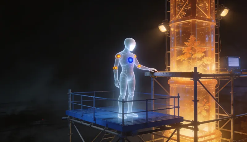 A faceless glass automaton tests a support beam beneath a glowing structure standing firm on a cobalt platform.