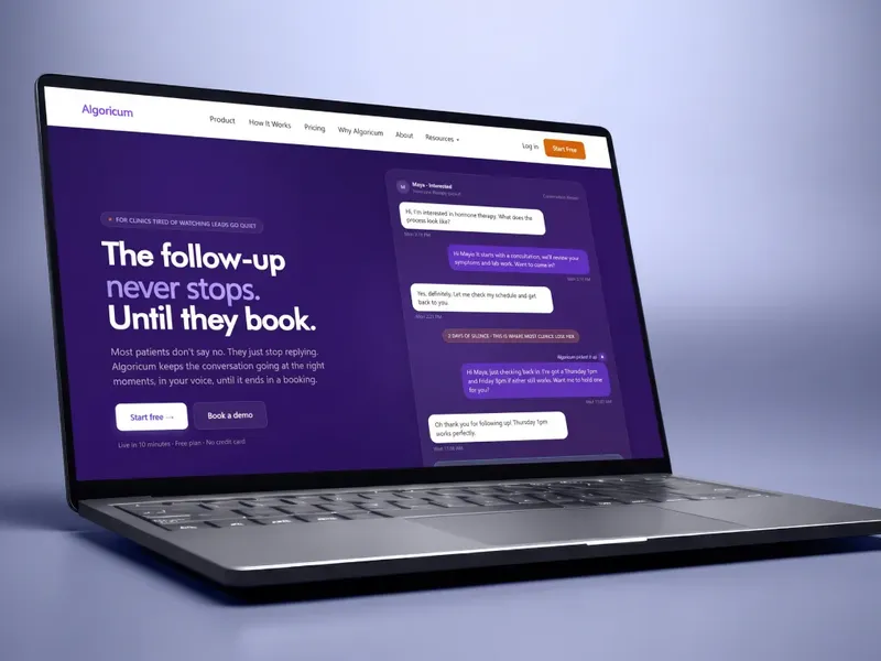 Algoricum homepage on a laptop, showing an AI follow-up thread that ends in a booking