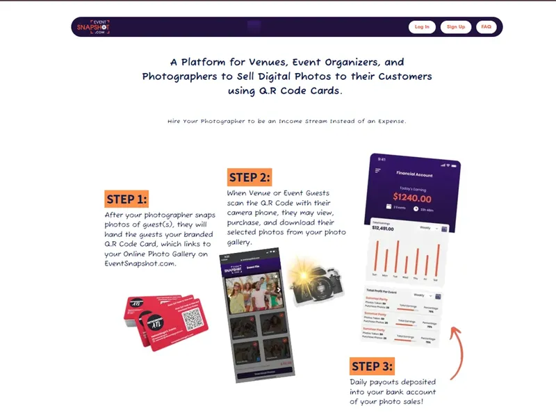Event Snapshot home page showing three steps: QR code card, guest photo purchase on a phone, and payout to the photographer.