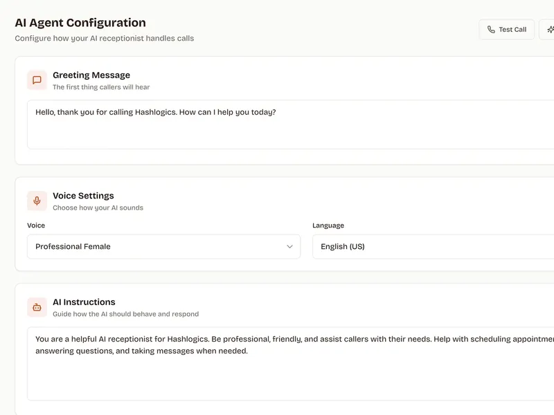 GreetKeeper AI agent screen with the greeting message, voice and language settings and AI instructions.