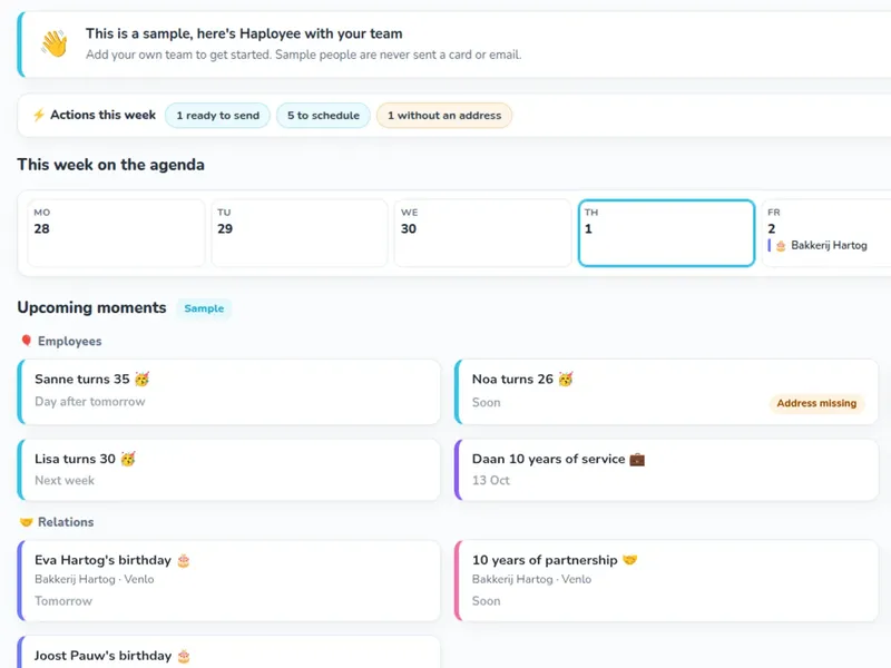 Haployee dashboard showing actions this week, the weekly agenda and upcoming employee and relation moments for a sample team