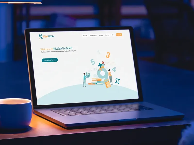 KiwiWrite Math homepage on a laptop, introducing the handwriting alternative for math
