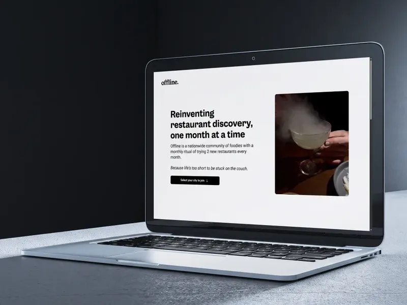 Offline homepage on a laptop, introducing restaurant discovery with a monthly membership
