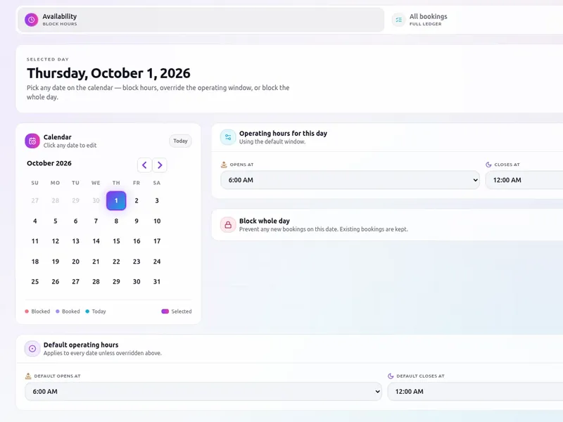 Rent A Screen admin console availability page with a month calendar and the operating hours for the selected day.