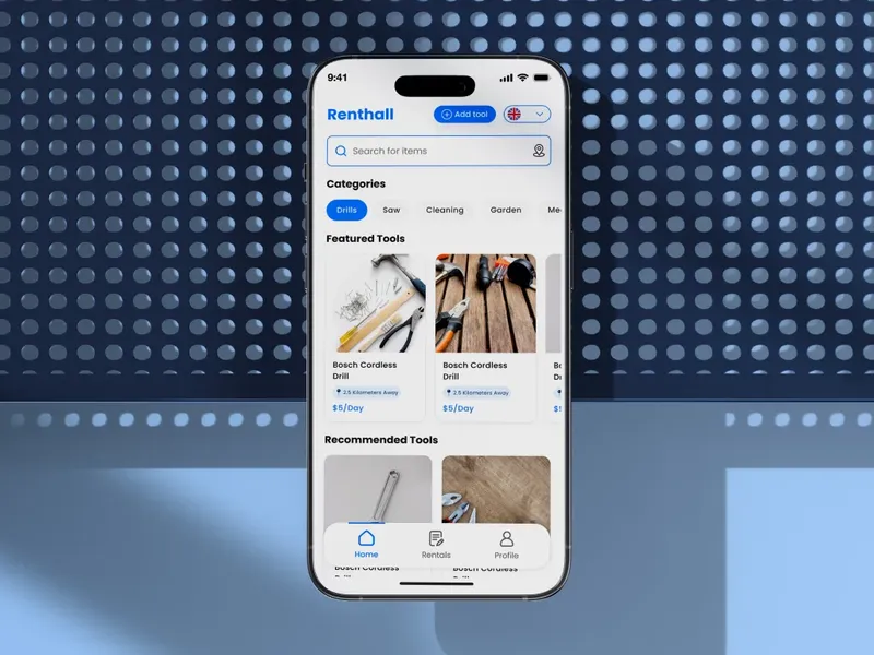 Renthall mobile app home screen with tool categories, featured tools, and daily prices