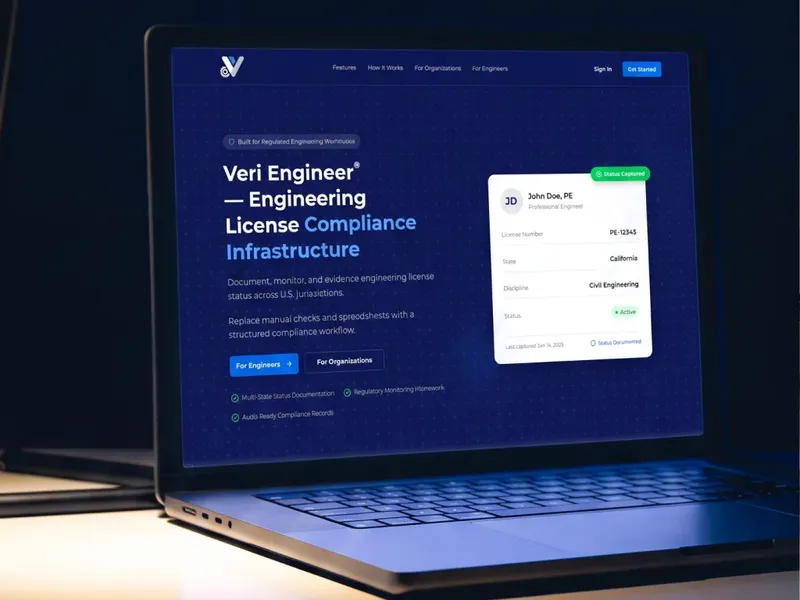VeriEng hero on a laptop with a captured engineer license status card