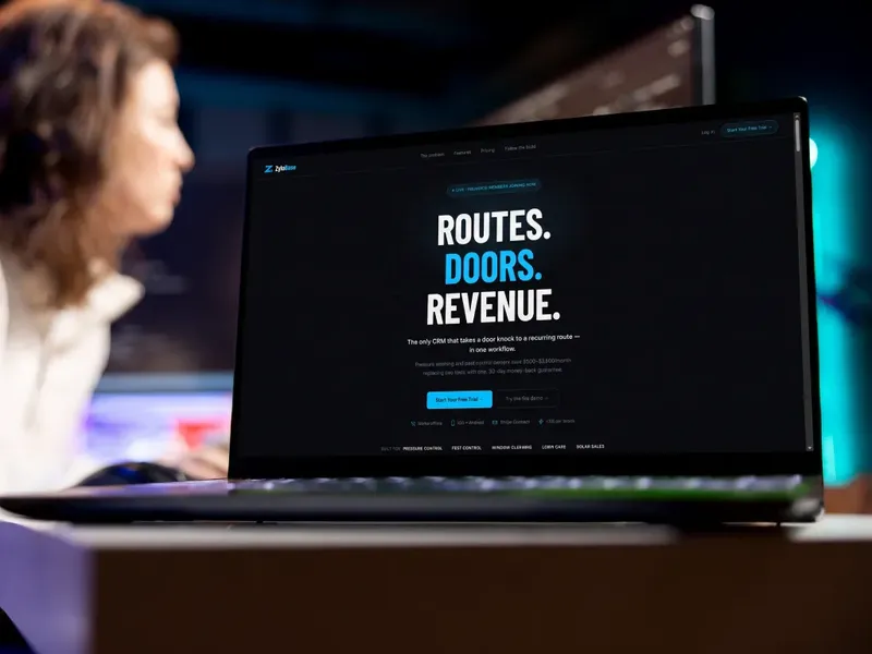 ZyloBase homepage on a laptop with the routes, doors, revenue headline