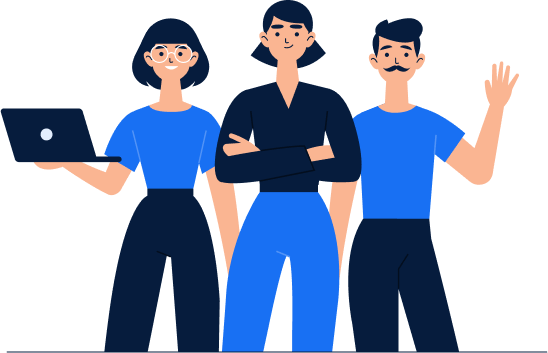 vector image of three persons standing, one female holding laptop