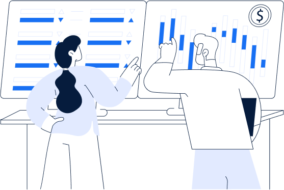 vector image of an man and woman analyzing the charts